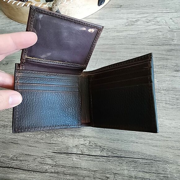 Western Dark Brown Leather Bifold Wallet Cowhide Inlay Cross Silver Stud Accent - Picture 4 of 13